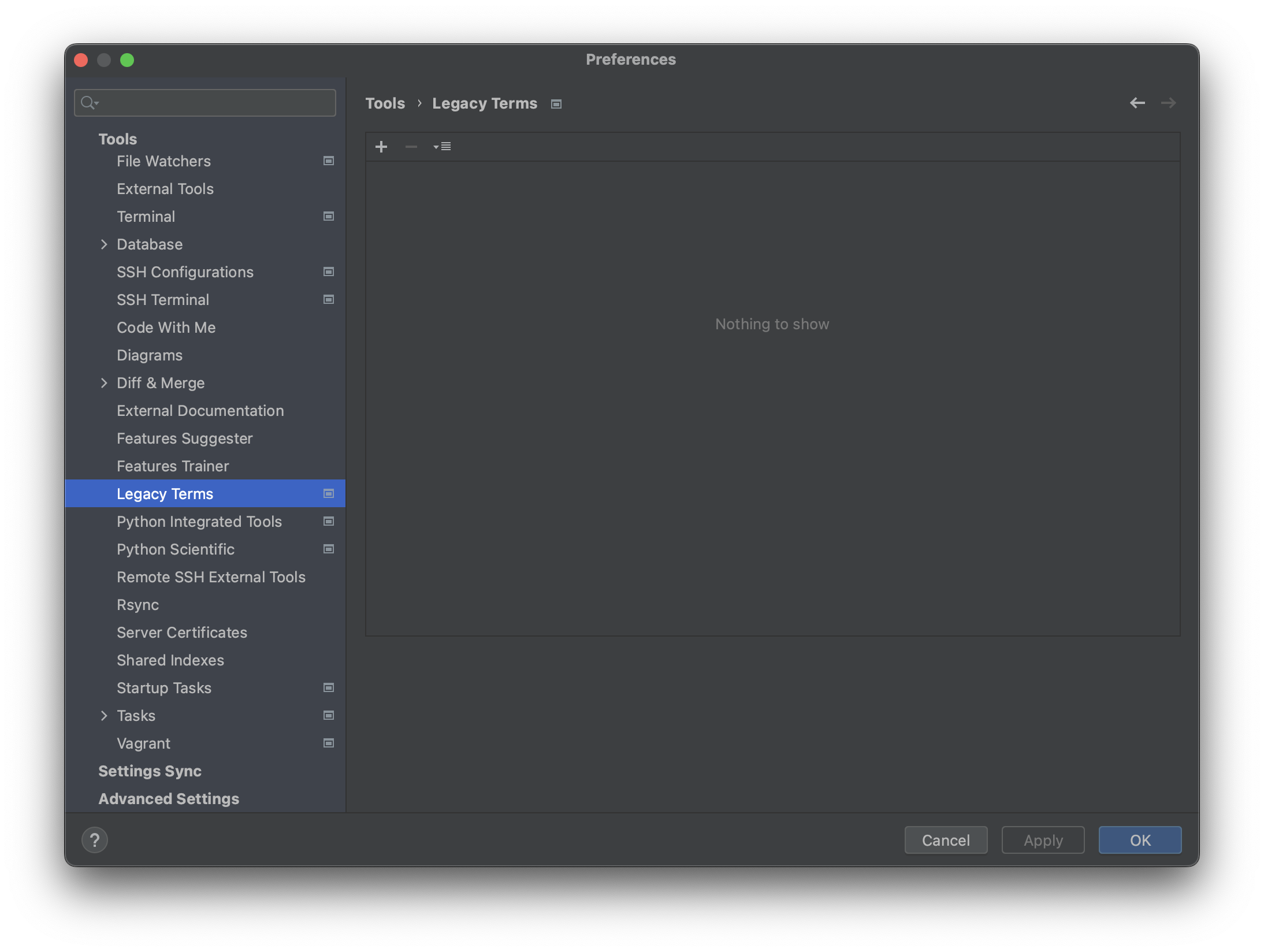 Legacy Terms configuration panel in PyCharm