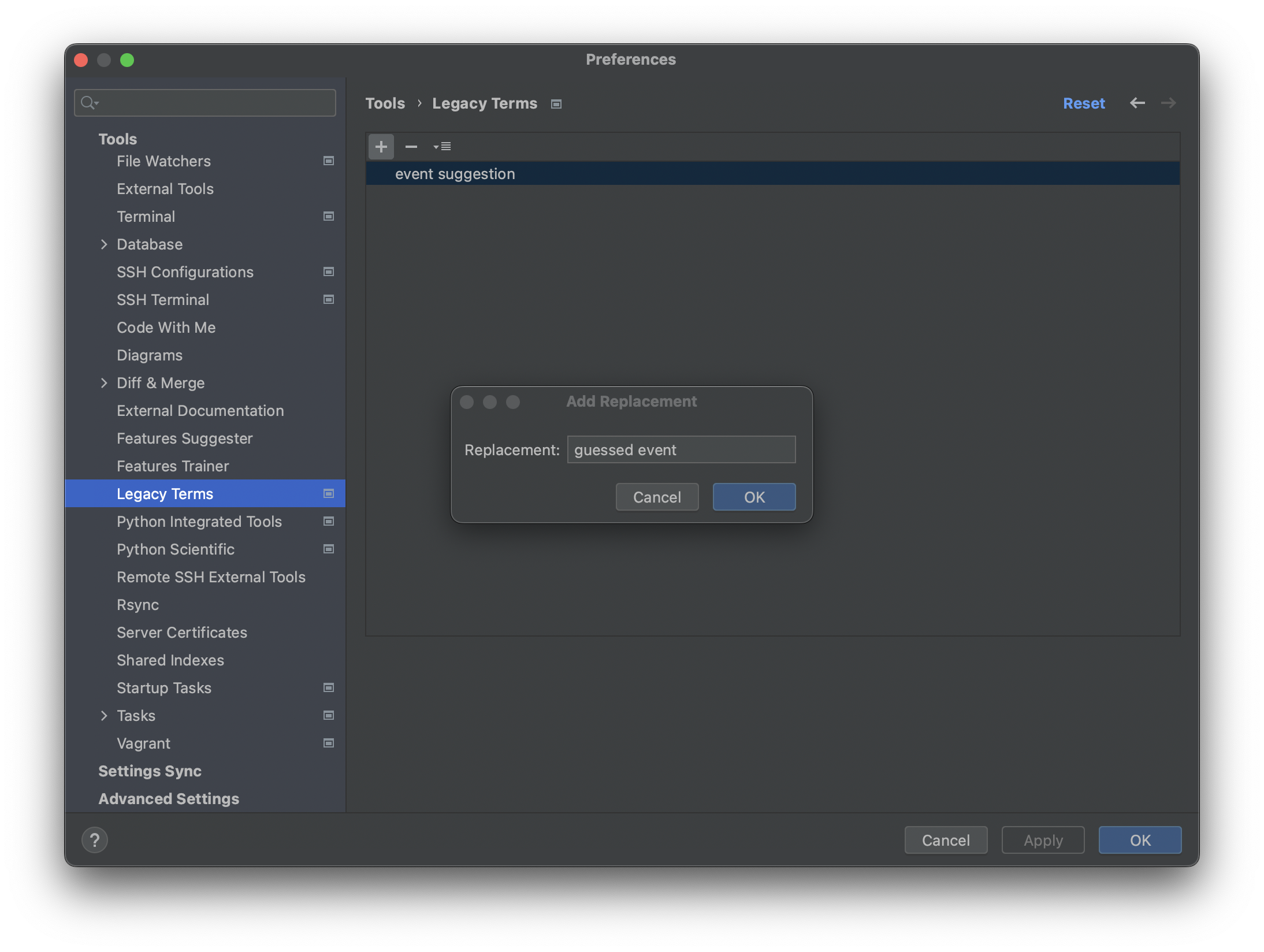 Add Replacement to Legacy Terms configuration panel in PyCharm
