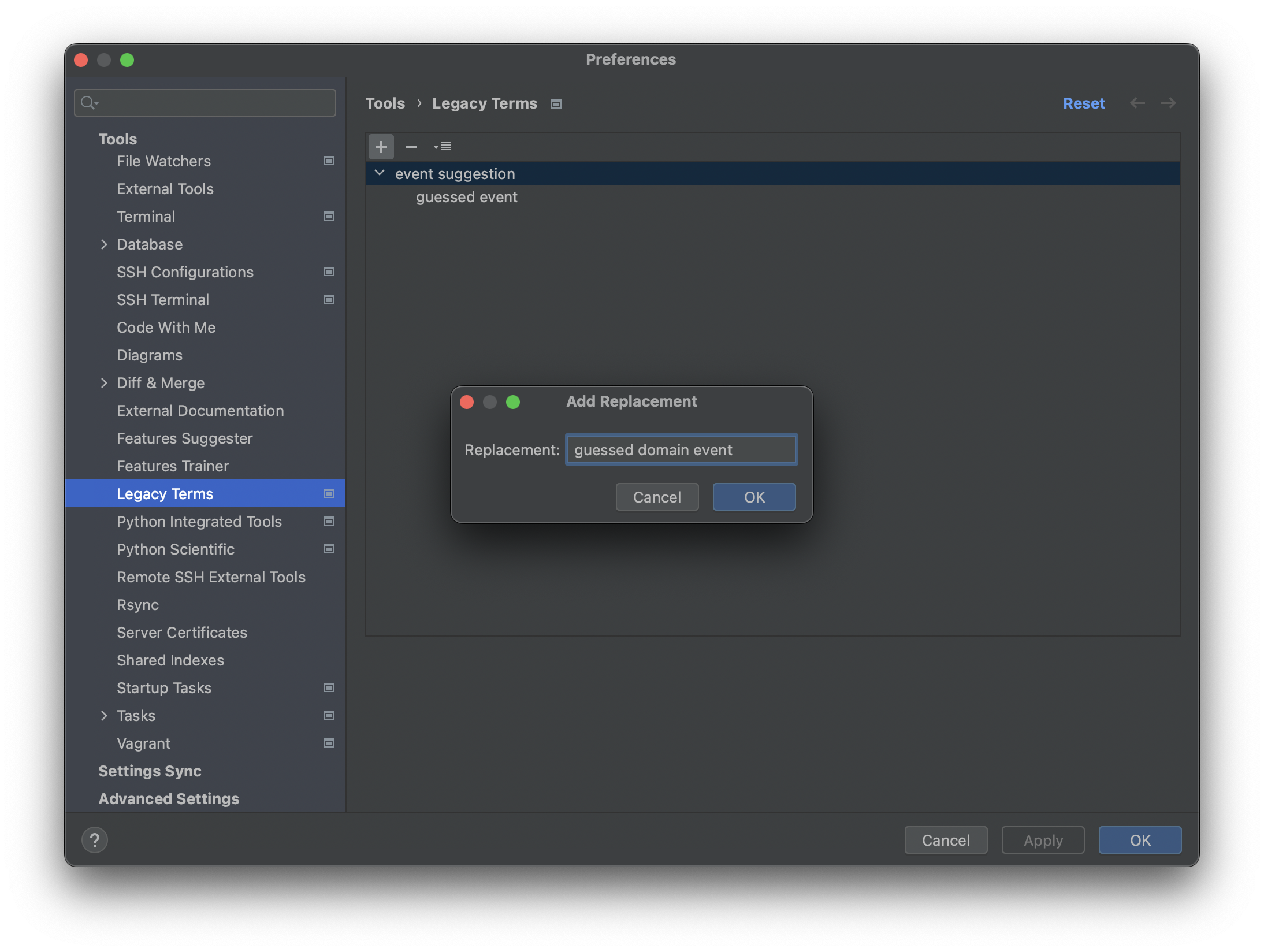 Add another Replacement option to Legacy Terms configuration panel in PyCharm