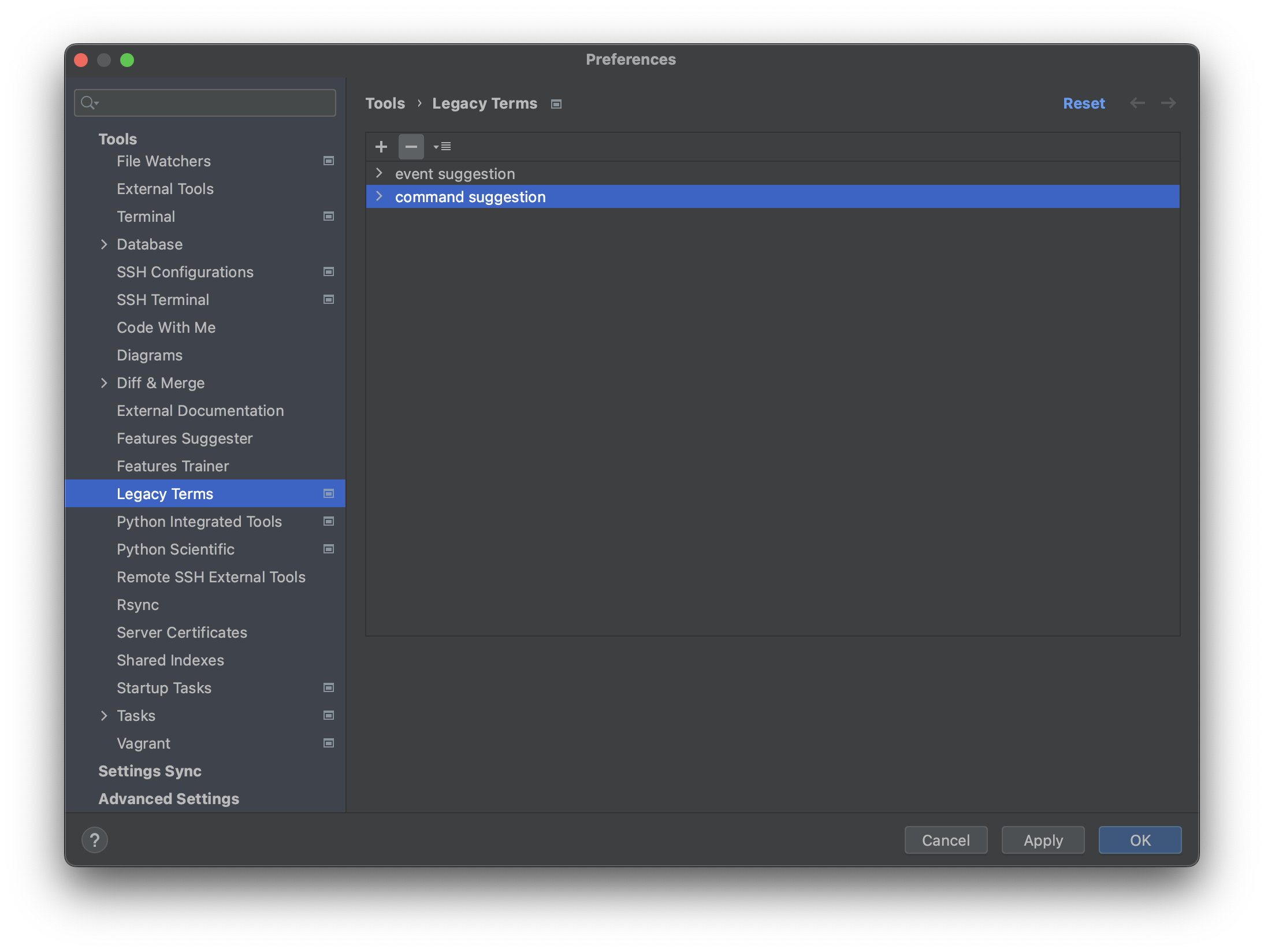 Remove a Legacy Term and all Replacement options from the configuration panel in PyCharm